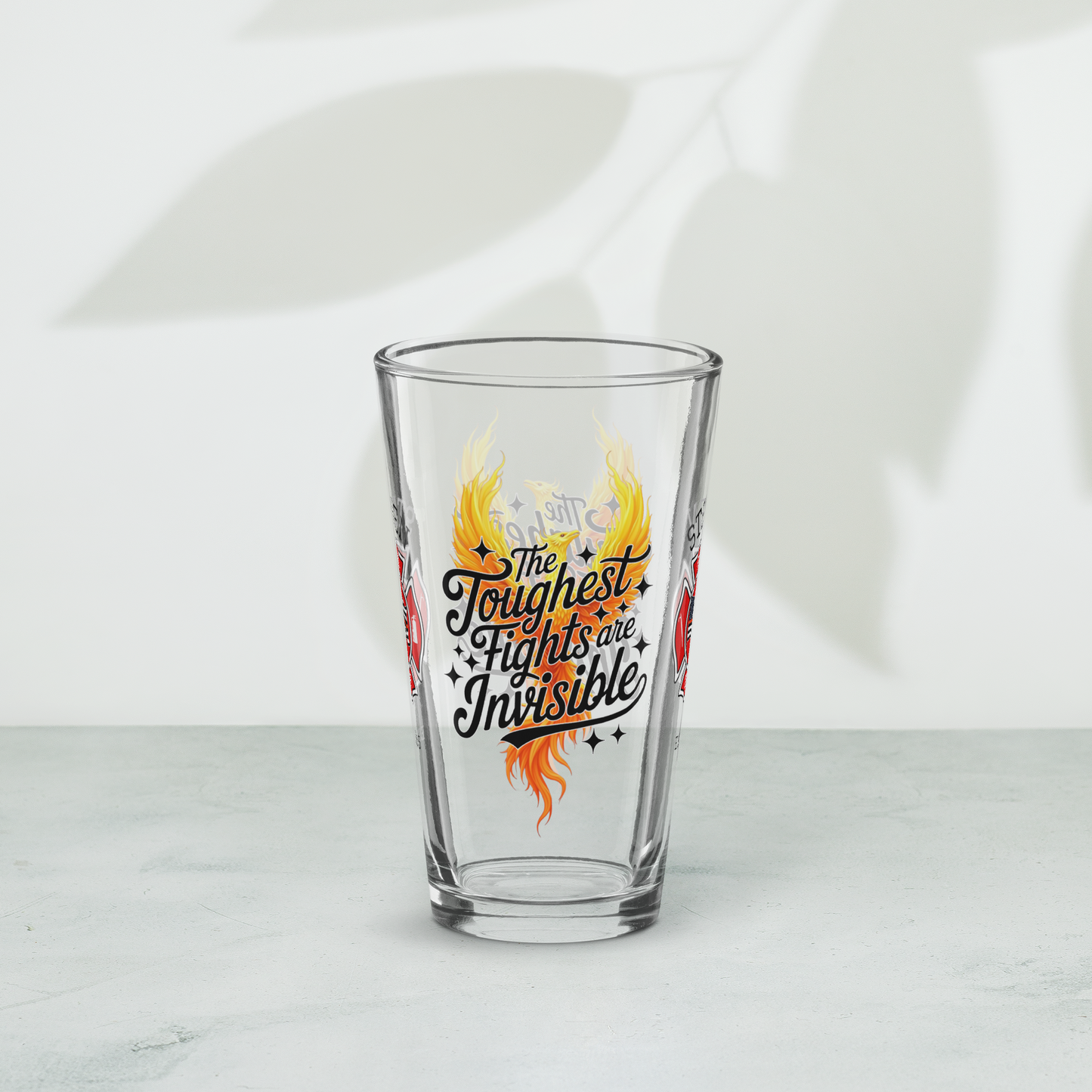 The Toughest Fights Are Invisible firefighter pint glass spreading PTSD and mental health awareness