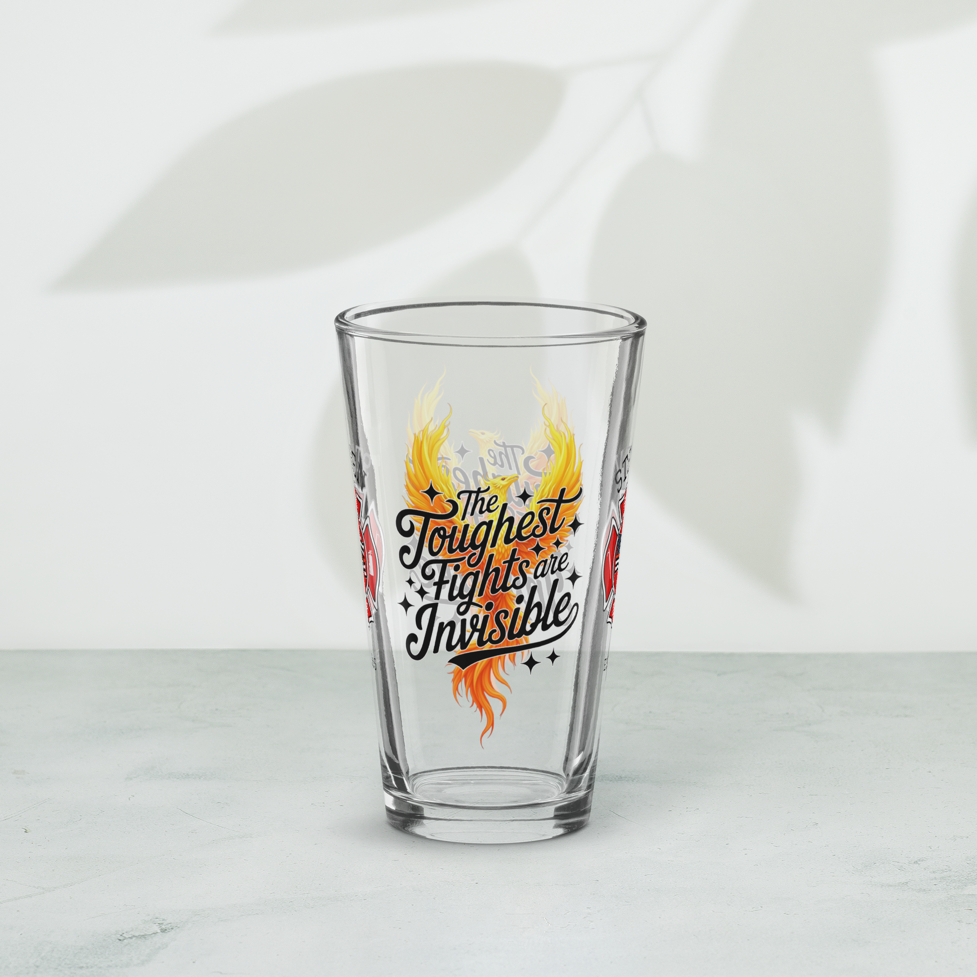 The Toughest Fights Are Invisible firefighter pint glass spreading PTSD and mental health awareness