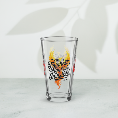 The Toughest Fights Are Invisible firefighter pint glass spreading PTSD and mental health awareness