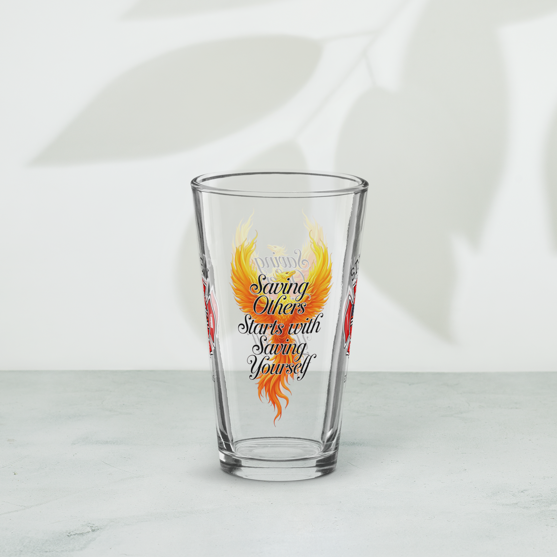 Saving Others Starts With Saving Yourself firefighter pint glass promoting firefighter self-care and healing
