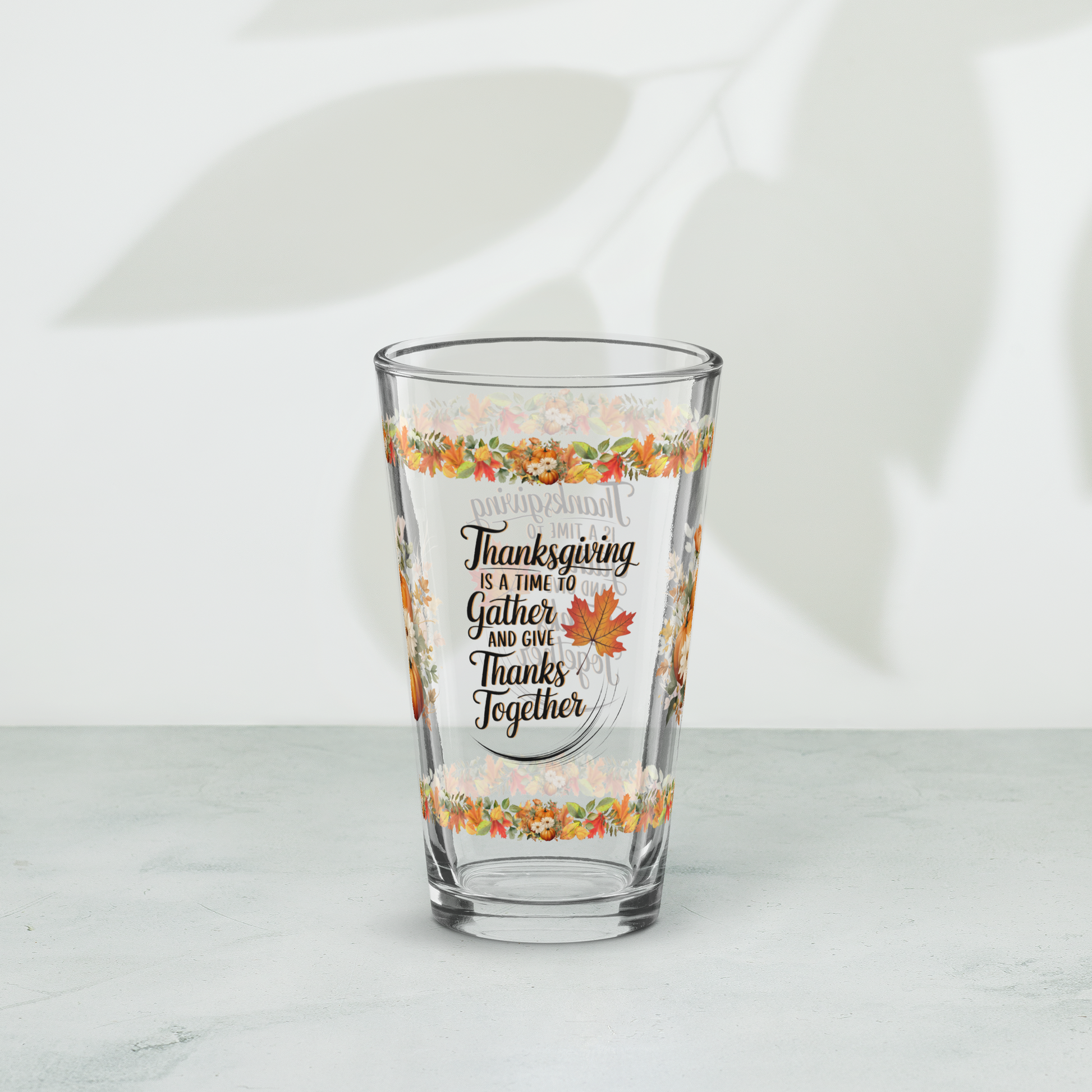 Family Thanksgiving glass with “Gather And Give Thanks Together” message