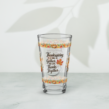 Family Thanksgiving glass with “Gather And Give Thanks Together” message