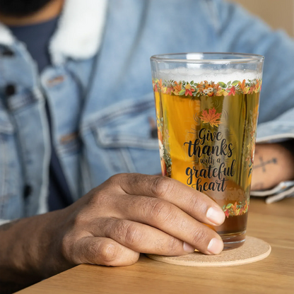 Shop our premium give thanks with a grateful heart thanksgiving pint glass 16oz from MySisterIsASurvivor.