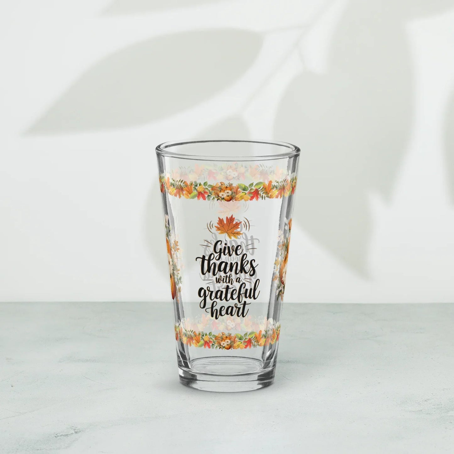 Shop our premium give thanks with a grateful heart thanksgiving pint glass 16oz from MySisterIsASurvivor.