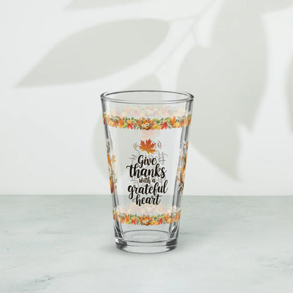 Shop our premium give thanks with a grateful heart thanksgiving pint glass 16oz from MySisterIsASurvivor.