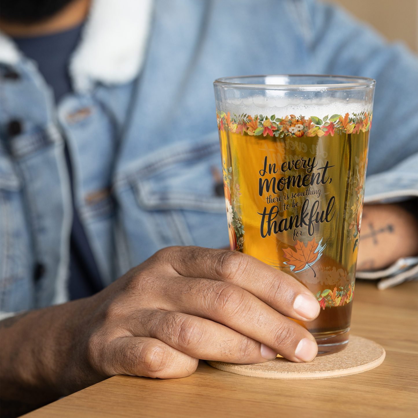 Gratitude-themed pint glass with “There Is Something To Be Thankful For” Thanksgiving design