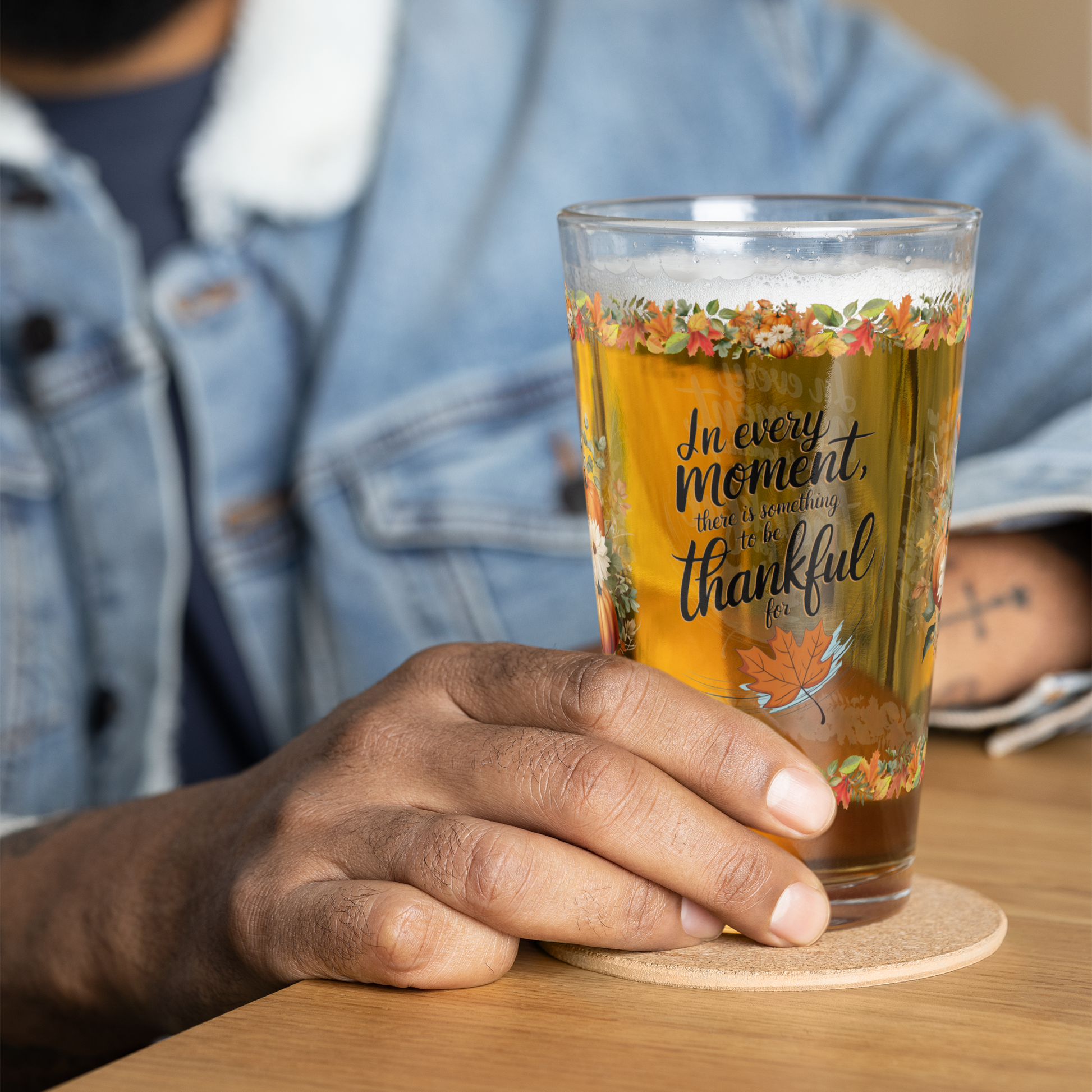 Gratitude-themed pint glass with “There Is Something To Be Thankful For” Thanksgiving design