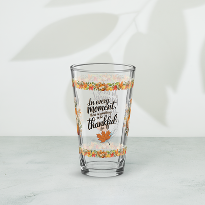 Gratitude-themed pint glass with “There Is Something To Be Thankful For” Thanksgiving design