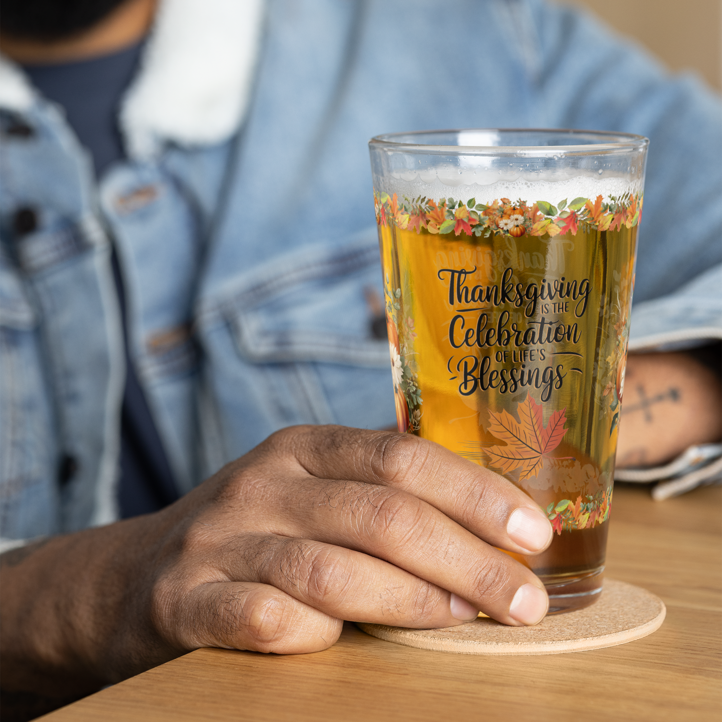 Gratitude and blessings pint glass celebrating Thanksgiving joy
