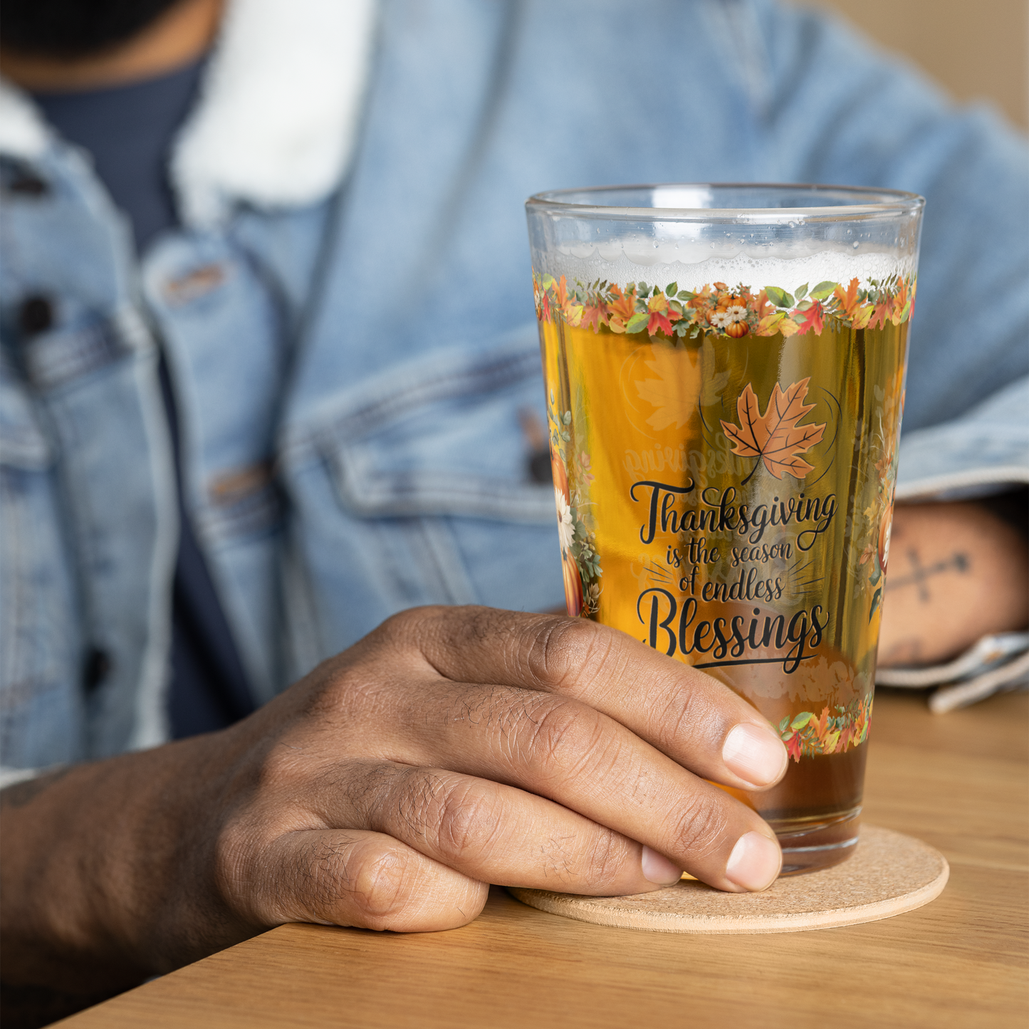 Thanksgiving pint glass with “Season Of Endless Blessings” design
