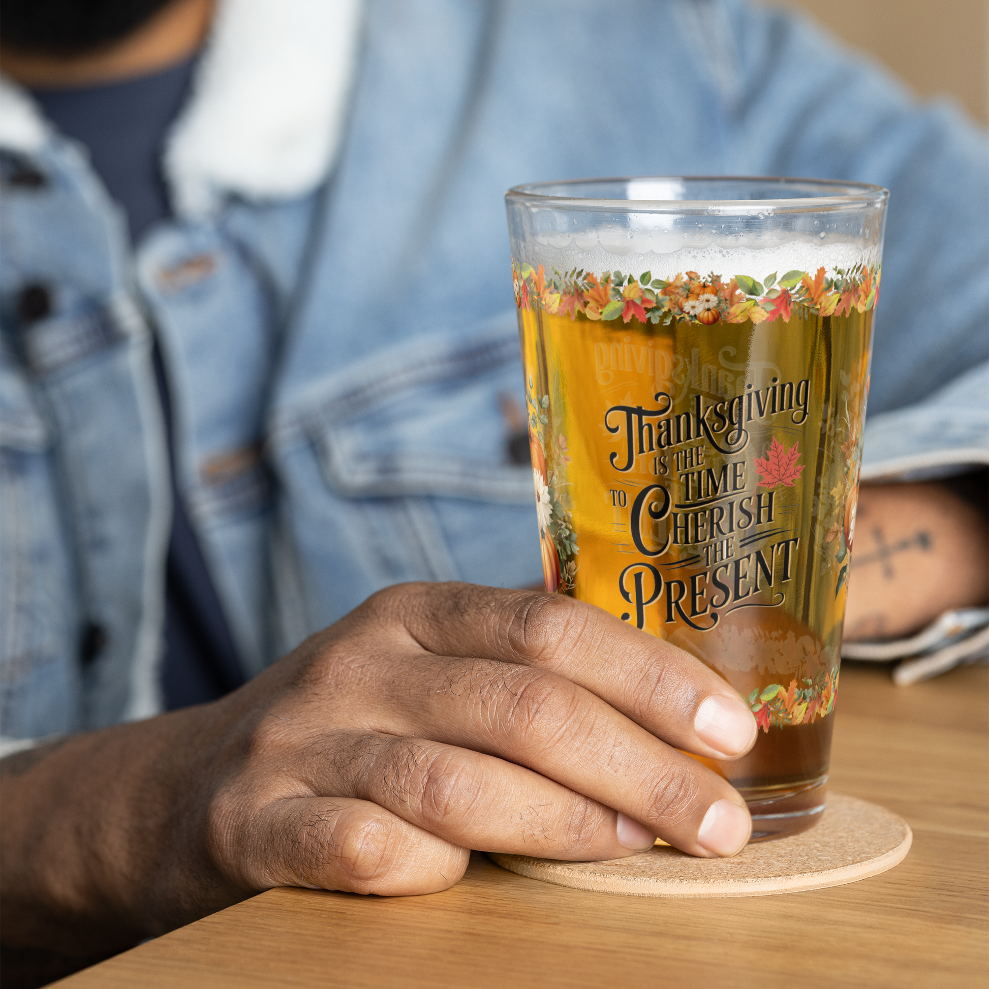 Gratitude pint glass with “Cherish The Present” Thanksgiving message