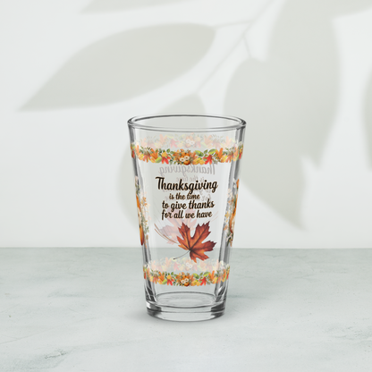 Thanksgiving glass with “Give Thanks For All We Have” positive message