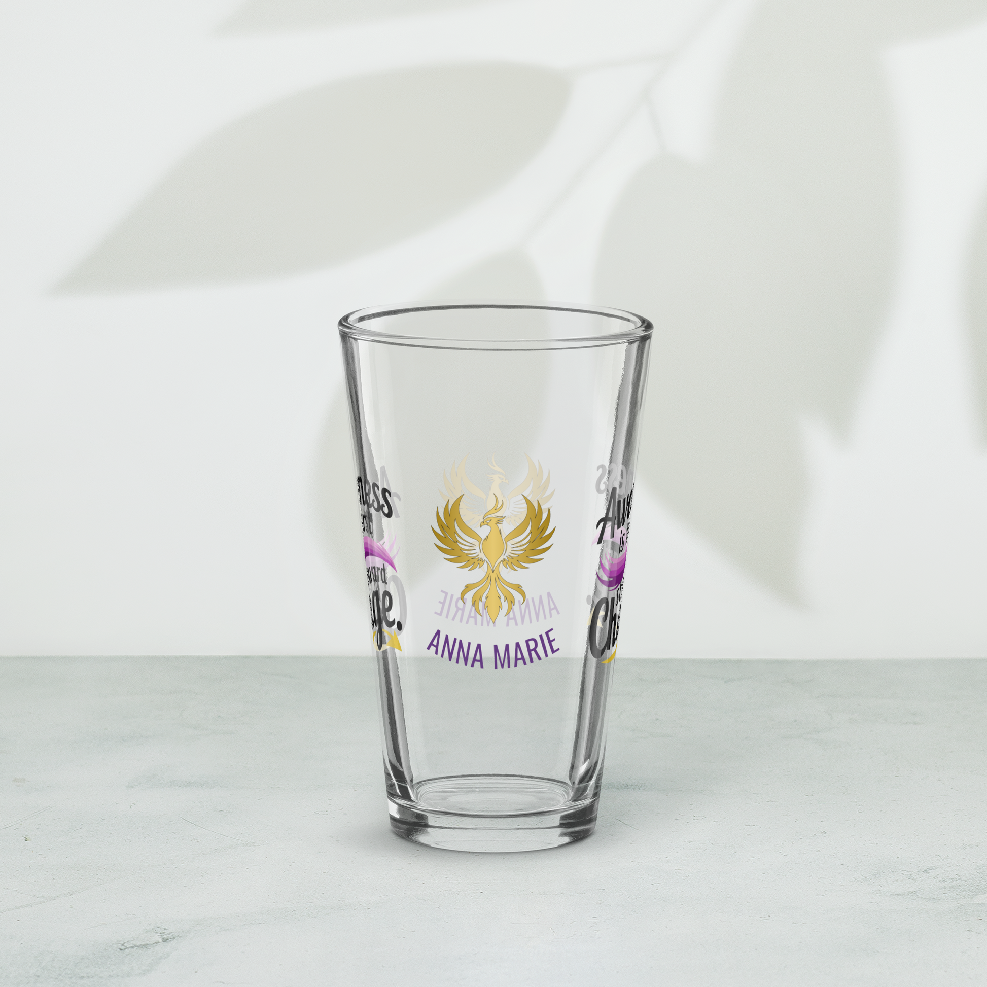 Awareness Is the First Step Toward Change pint glass with empowering quote, domestic violence awareness gift