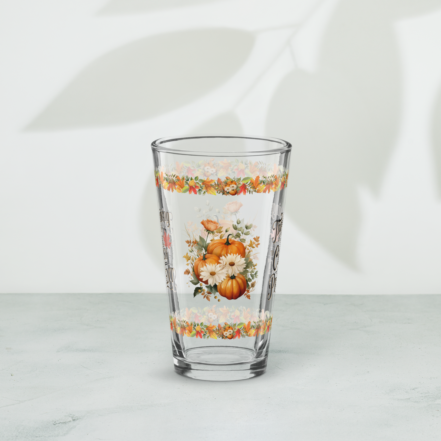 Gratitude pint glass with “Cherish The Present” Thanksgiving message