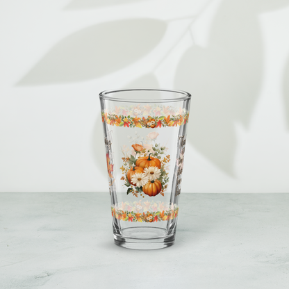 Thanksgiving pint glass with “Share Love And Kindness” holiday quote