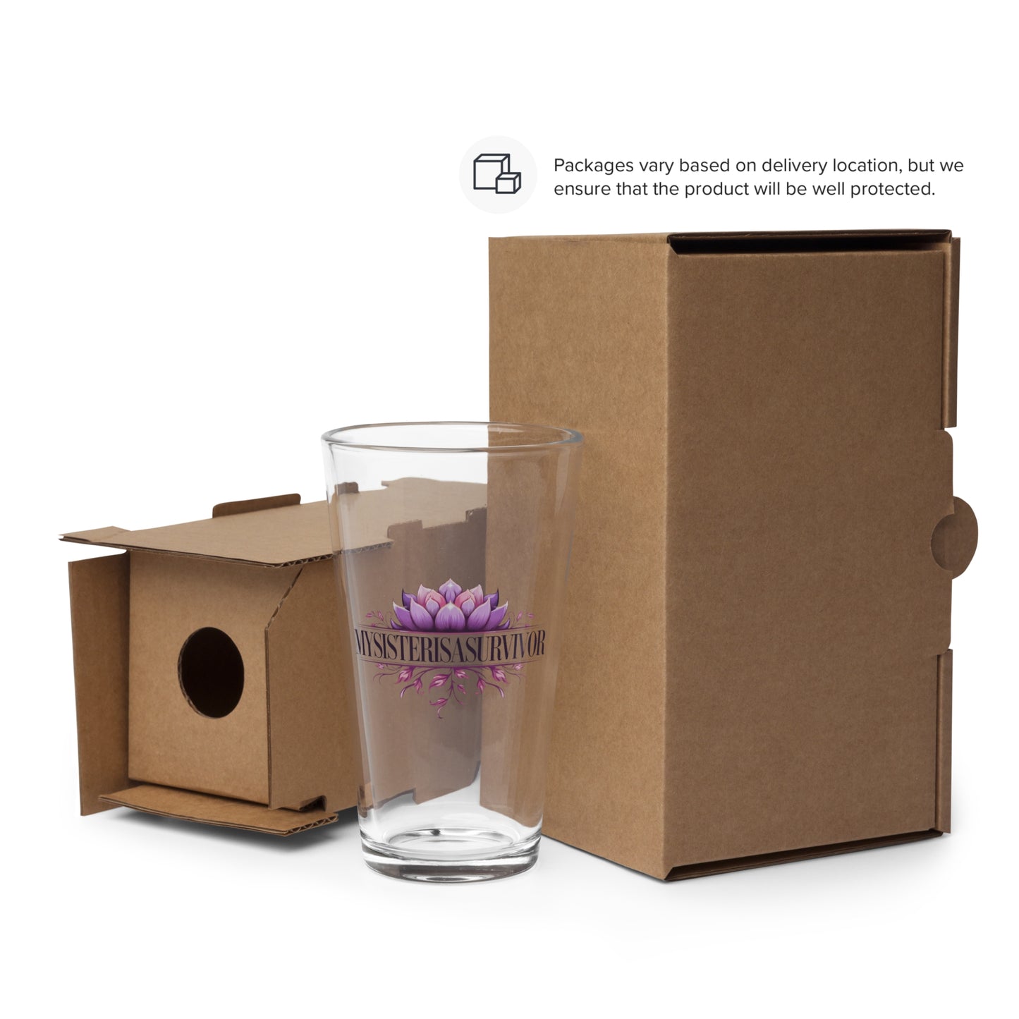 MySisterIsSurvivor pint glass packaging symbolizing resilience and mental health support