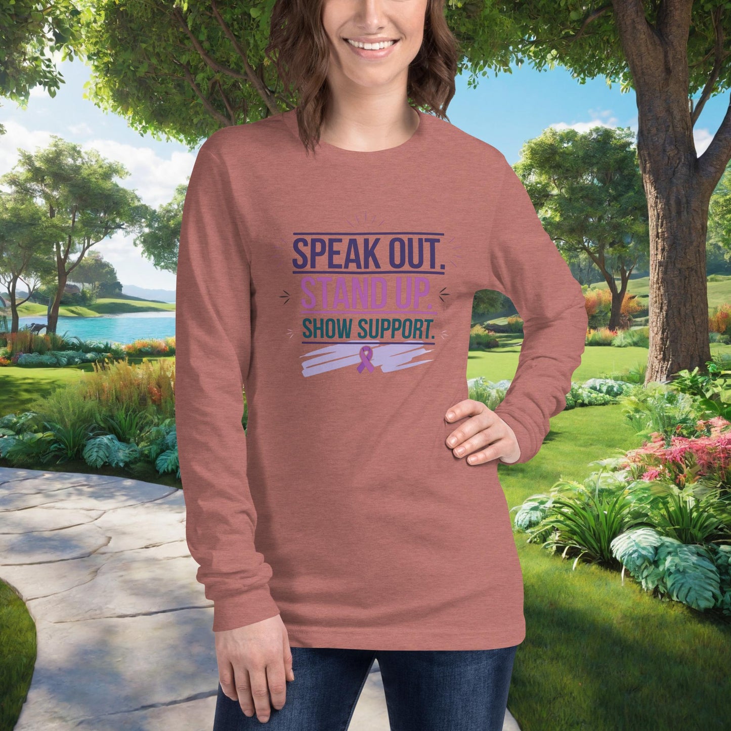 Speak Out. Stand Up. Show Support Unisex Long Sleeve T-Shirt, Personalized Domestic Violence Awareness & Advocacy Apparel - MySisterIsASurvivor