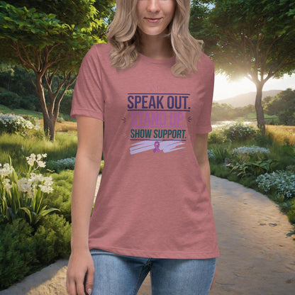 Speak Out. Stand Up. Show Support Women's Relaxed T-Shirt, Personalized Advocacy & Empowerment Shirt for Survivors - MySisterIsASurvivor