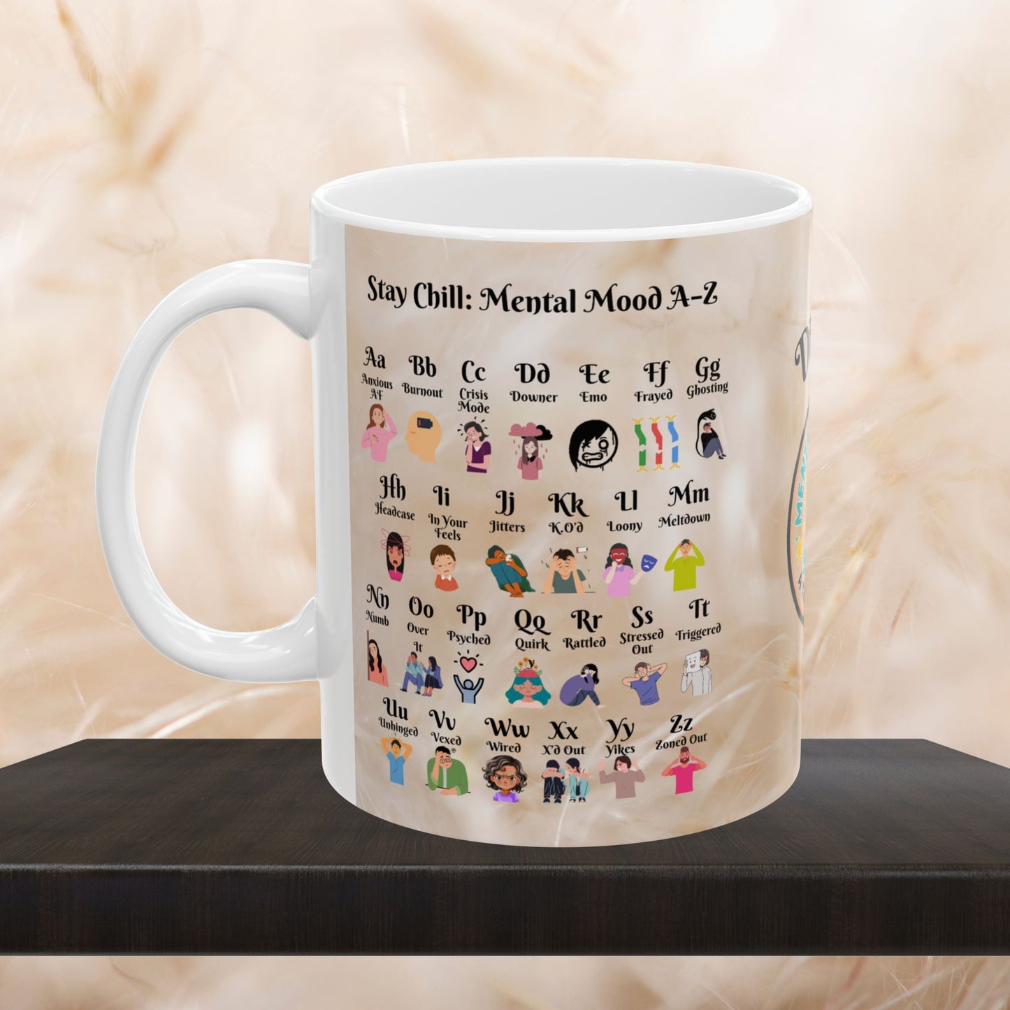 Stay Chill Mental Mood A-Z Mug, Personalized Therapy Support, Self-Care Coffee Cup