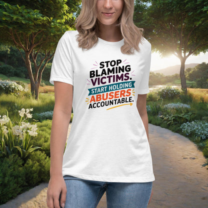 Stop Blaming Victims Women's Relaxed T-Shirt, Personalized Justice & Accountability Shirt for Domestic Abuse Awareness - MySisterIsASurvivor