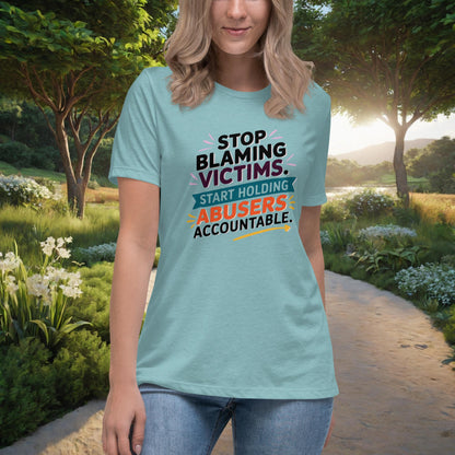 Stop Blaming Victims Women's Relaxed T-Shirt, Personalized Justice & Accountability Shirt for Domestic Abuse Awareness - MySisterIsASurvivor
