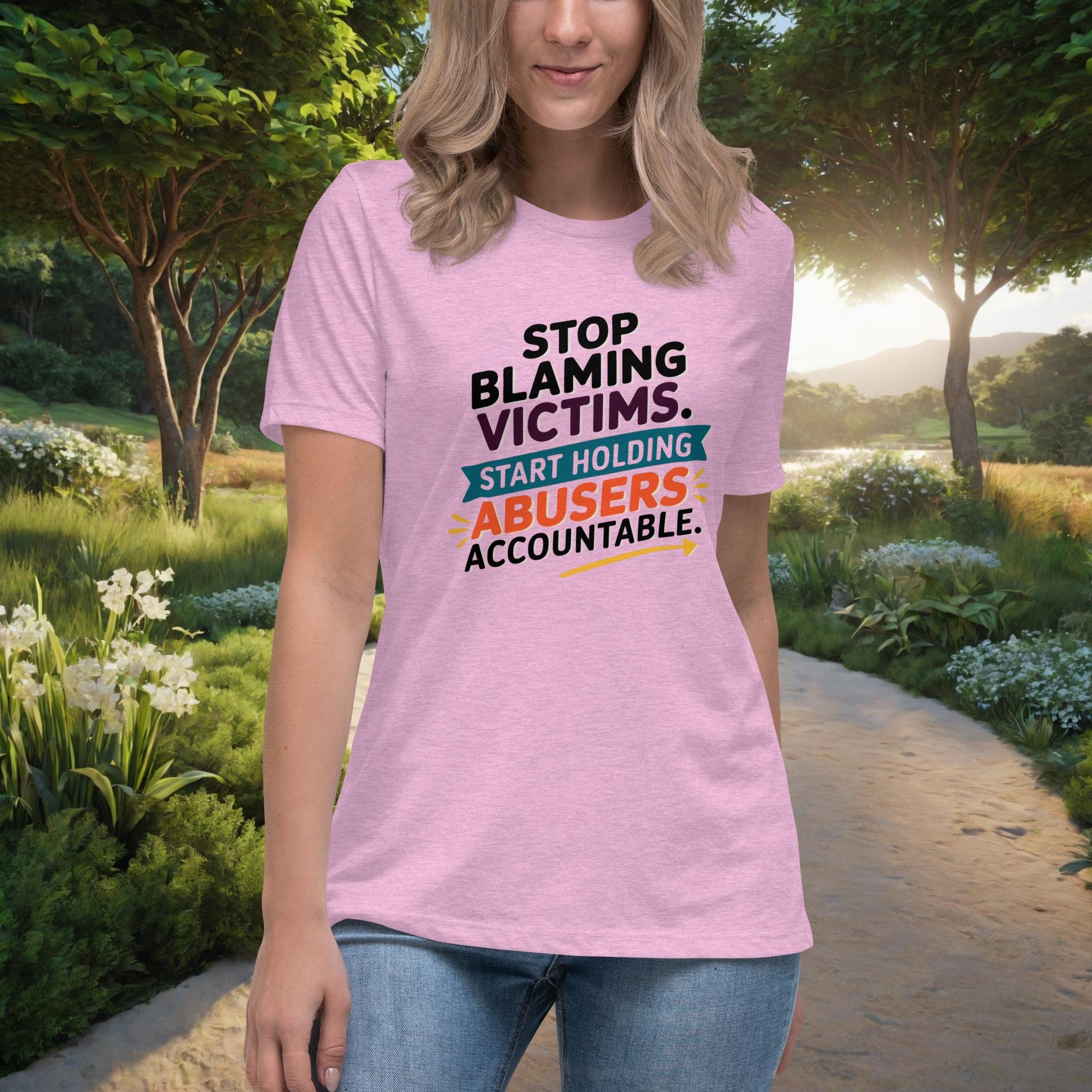 Stop Blaming Victims Women's Relaxed T-Shirt, Personalized Justice & Accountability Shirt for Domestic Abuse Awareness - MySisterIsASurvivor