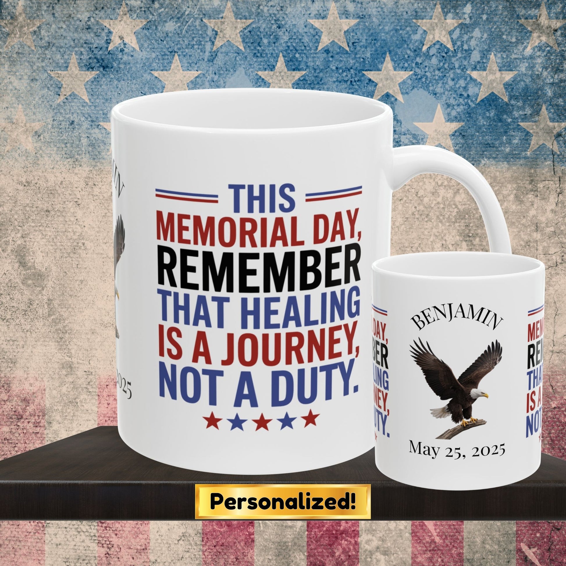 Custom Memorial Day mug with Let's Remember - PTSD support, veteran remembrance, military tribute