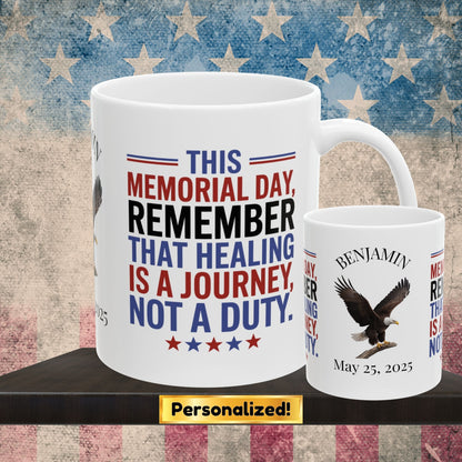 Custom Memorial Day mug with Let's Remember - PTSD support, veteran remembrance, military tribute