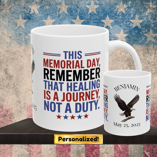 Custom Memorial Day mug with Let's Remember - PTSD support, veteran remembrance, military tribute
