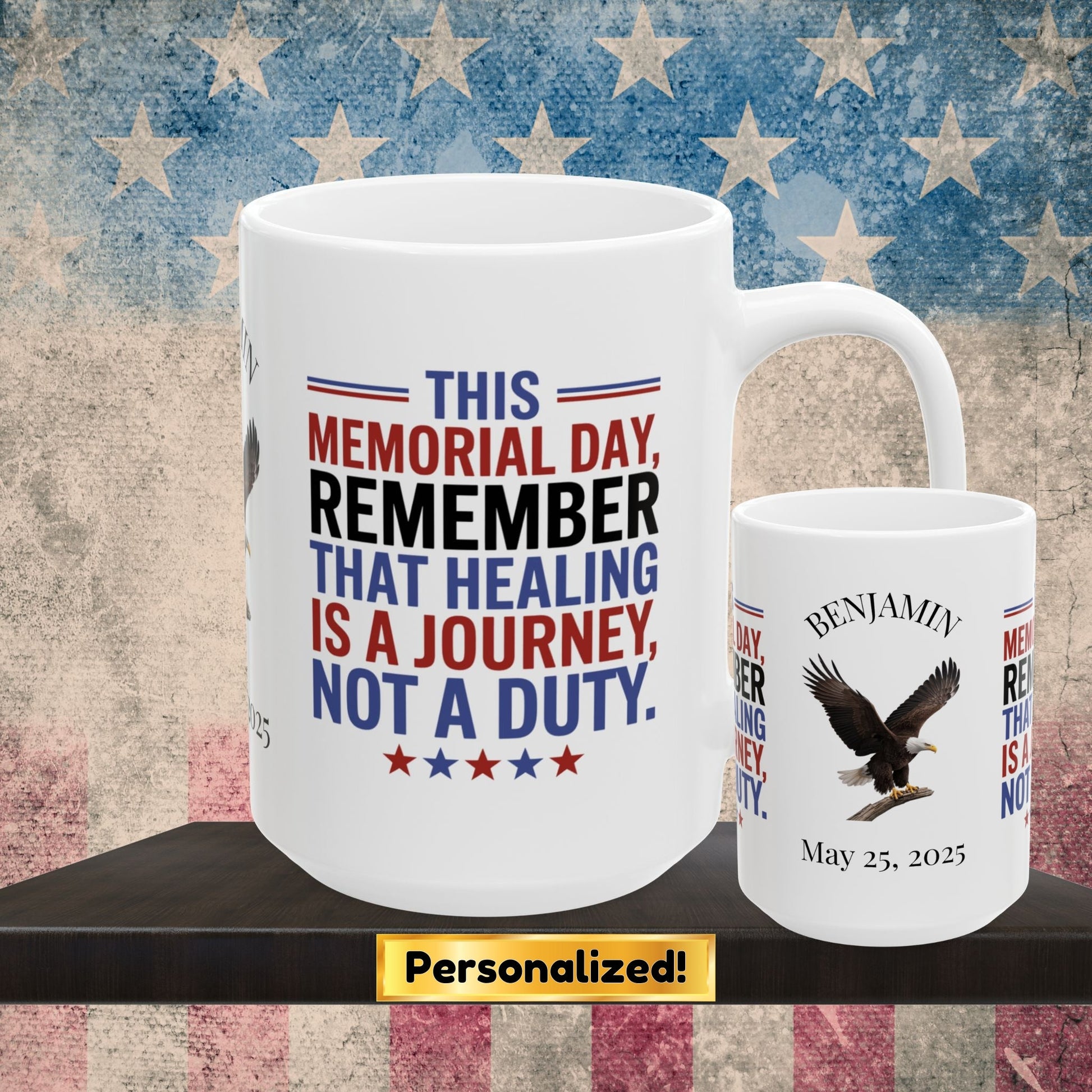 Custom Memorial Day mug with Let's Remember - PTSD support, veteran remembrance, military tribute