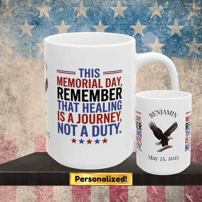 Custom Memorial Day mug with Let's Remember - PTSD support, veteran remembrance, military tribute