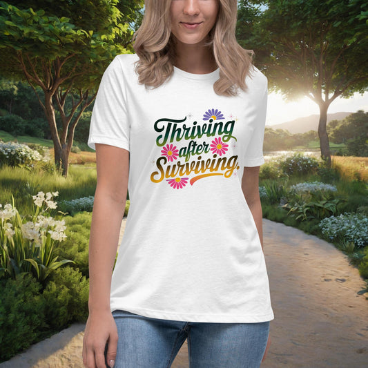 Thriving After Surviving Women's Relaxed T-Shirt, Personalized Empowerment Shirt for Survivors of Abuse & Trauma - MySisterIsASurvivor