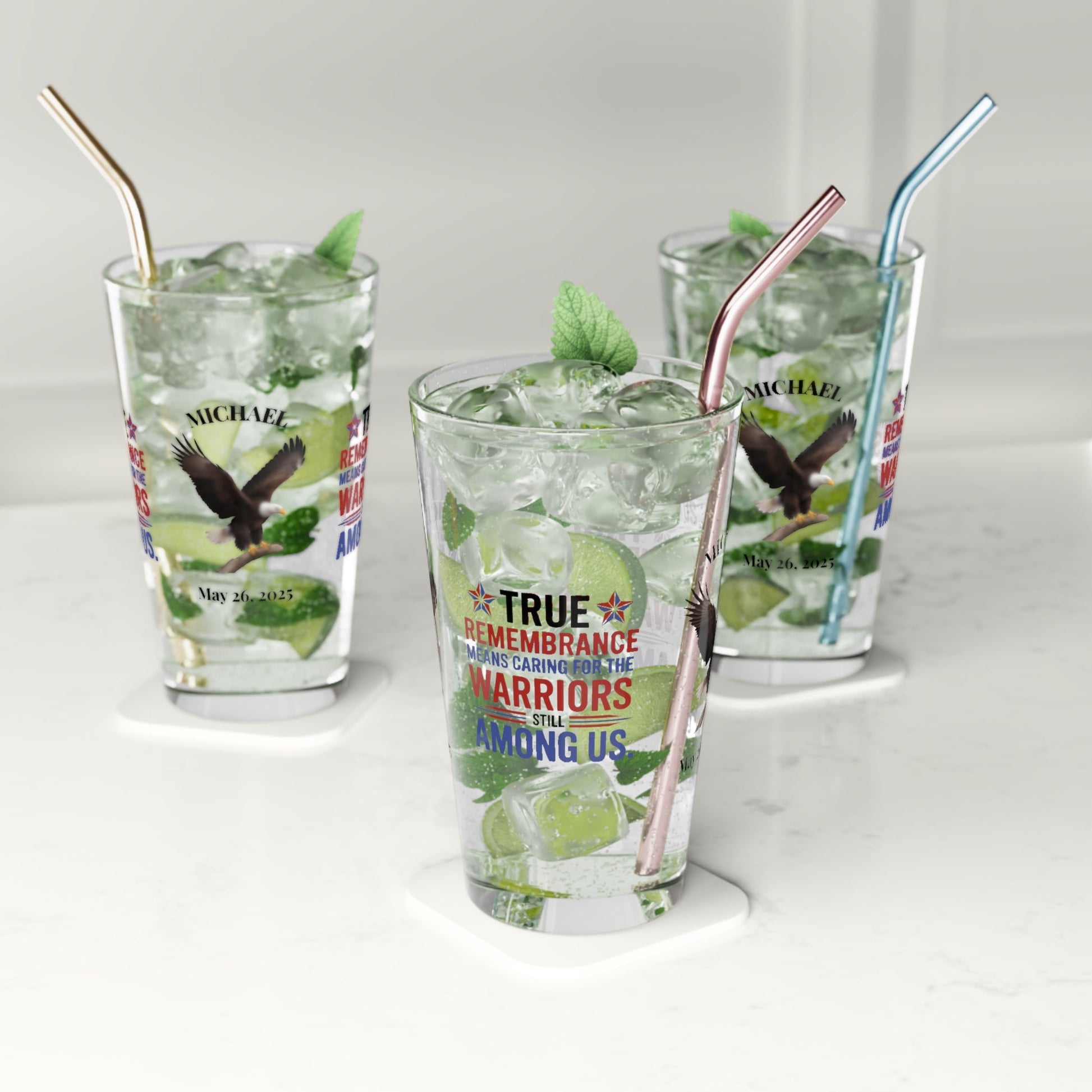 True Remembrance Means Caring pint glass - custom engraved PTSD and veteran support gift