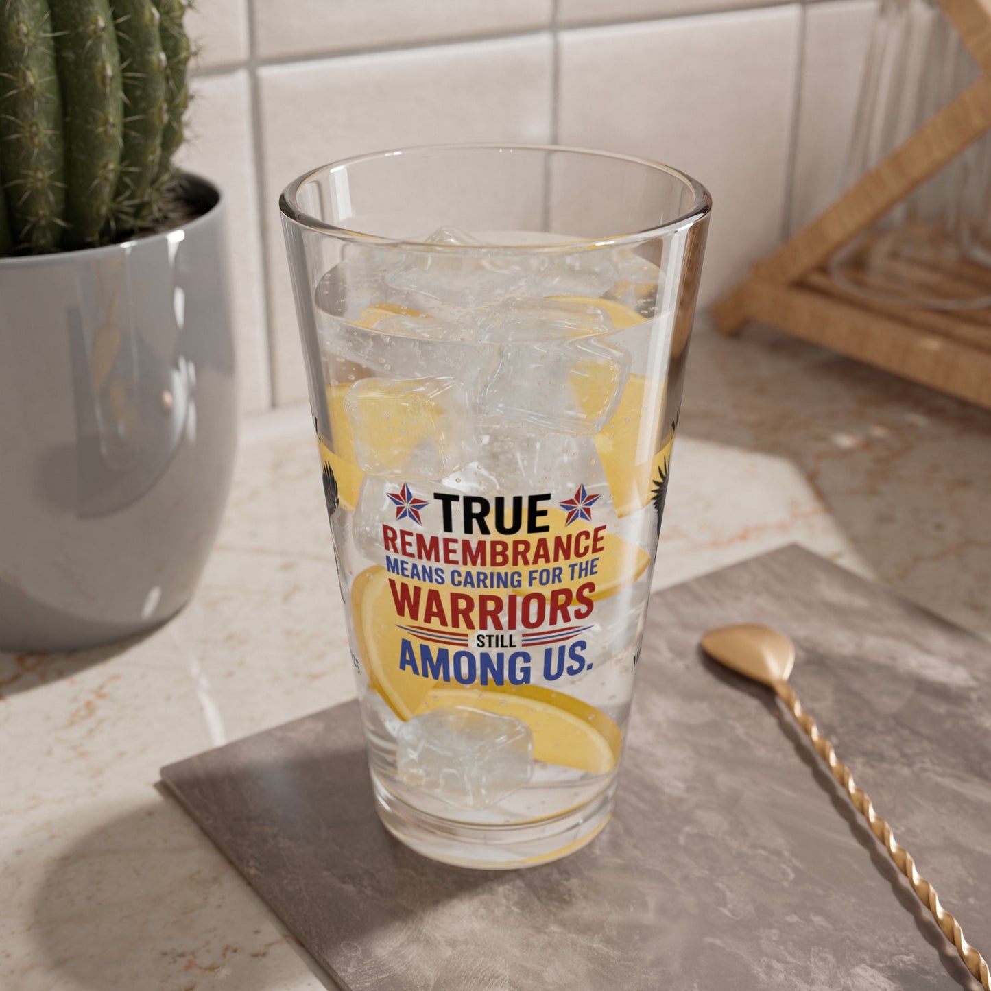 True Remembrance Means Caring pint glass - custom engraved PTSD and veteran support gift