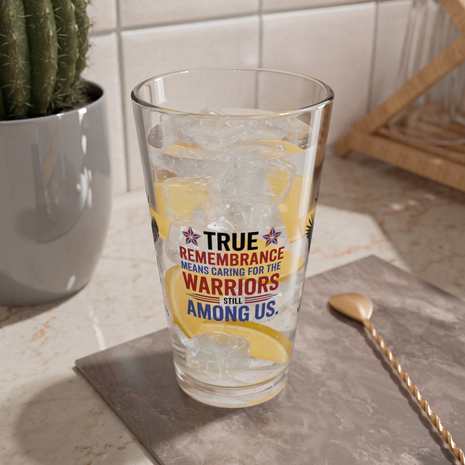 True Remembrance Means Caring pint glass - custom engraved PTSD and veteran support gift