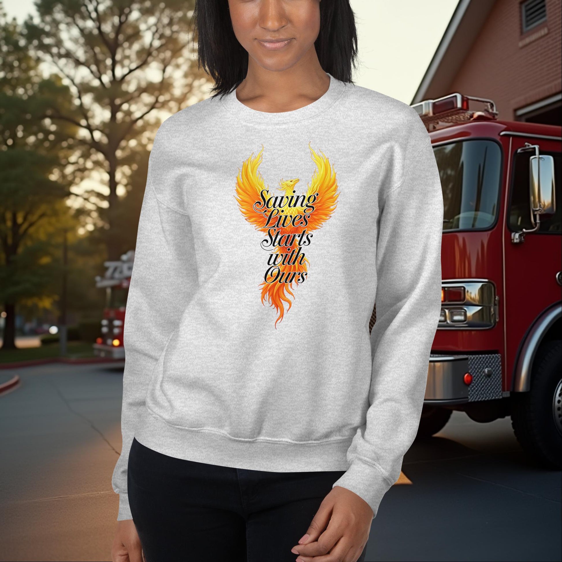 Saving Lives Starts With Ours firefighter crew neck sweatshirt for wellness and mental health