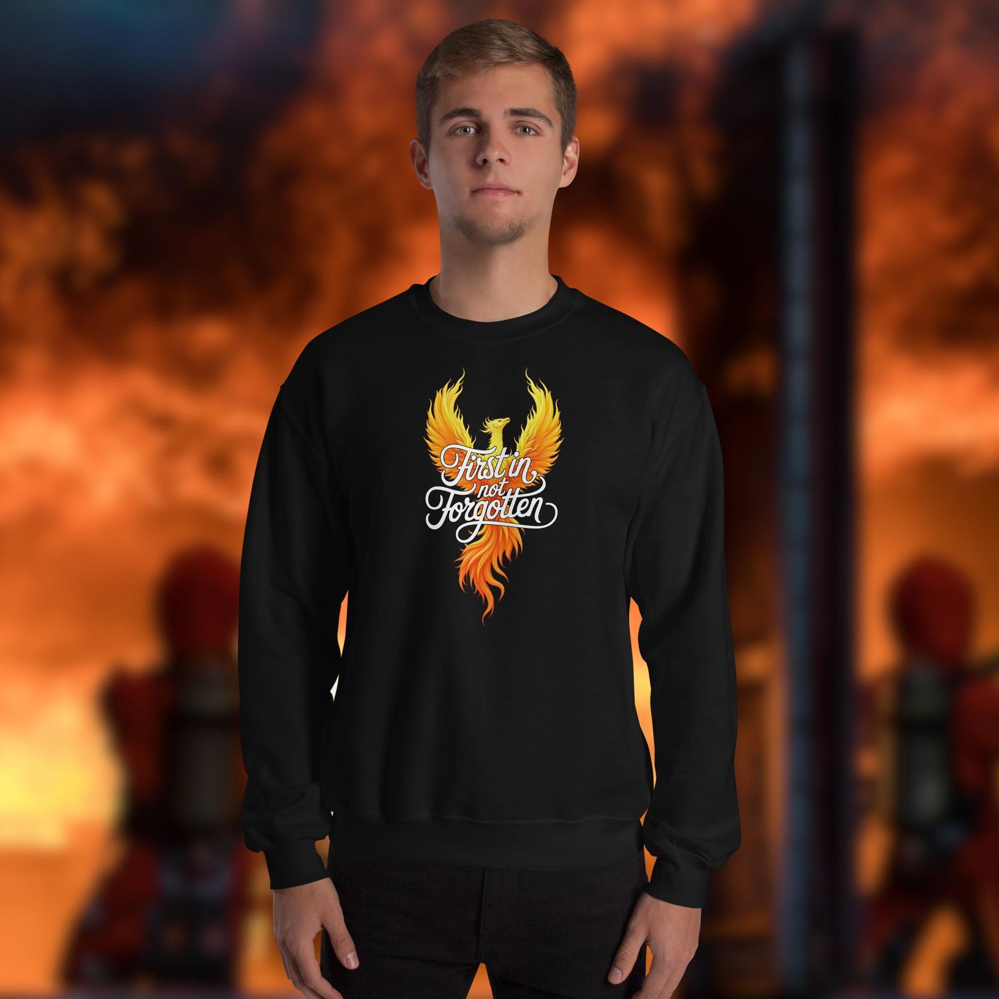 Firefighter Crew Neck Sweatshirt - First In, Not Forgotten - Firefighter Mental Health Awareness and Support