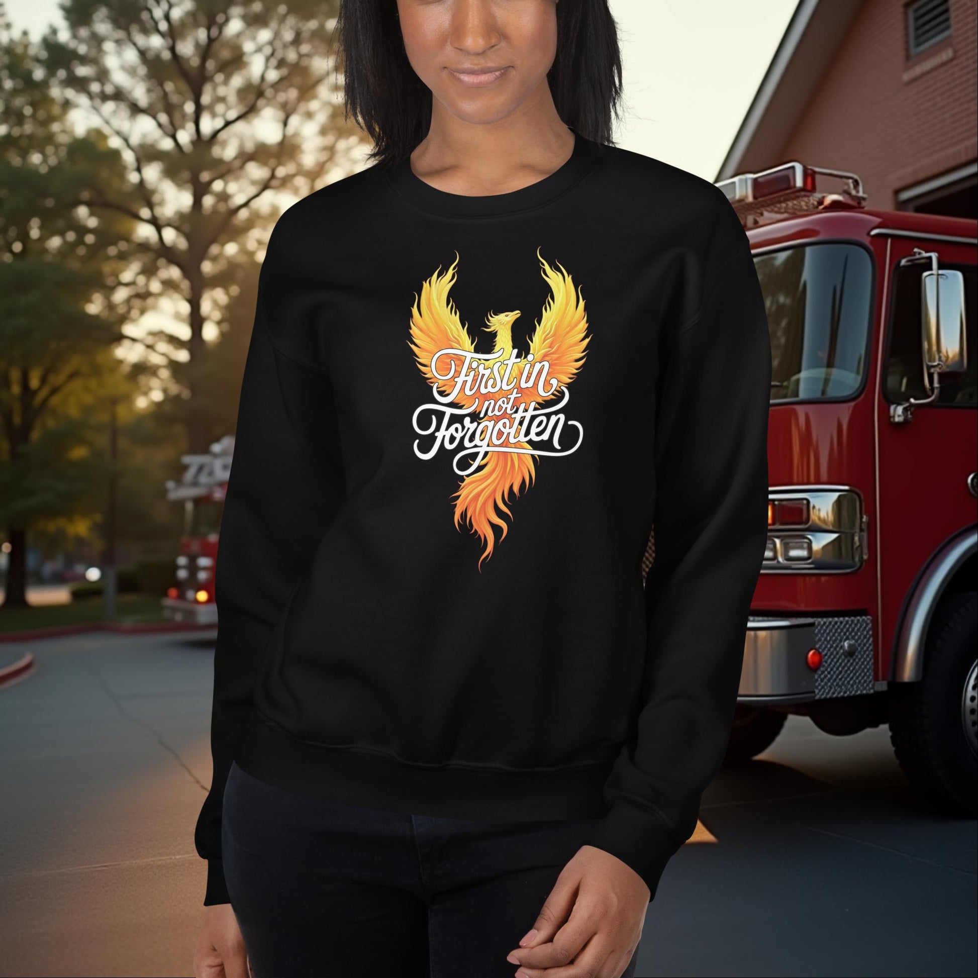 First In Not Forgotten firefighter crew neck sweatshirt for memorial and mental health support