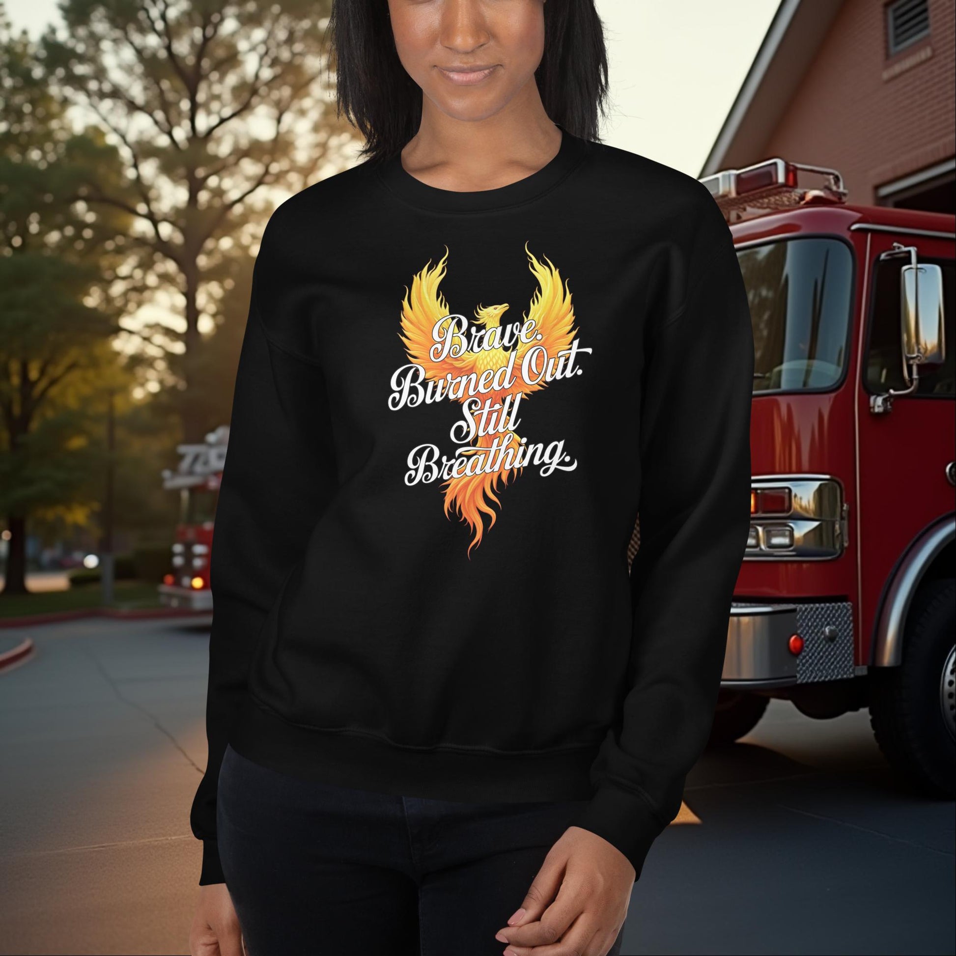 Brave. Burned Out. Still Breathing firefighter crew neck sweatshirt for mental health support