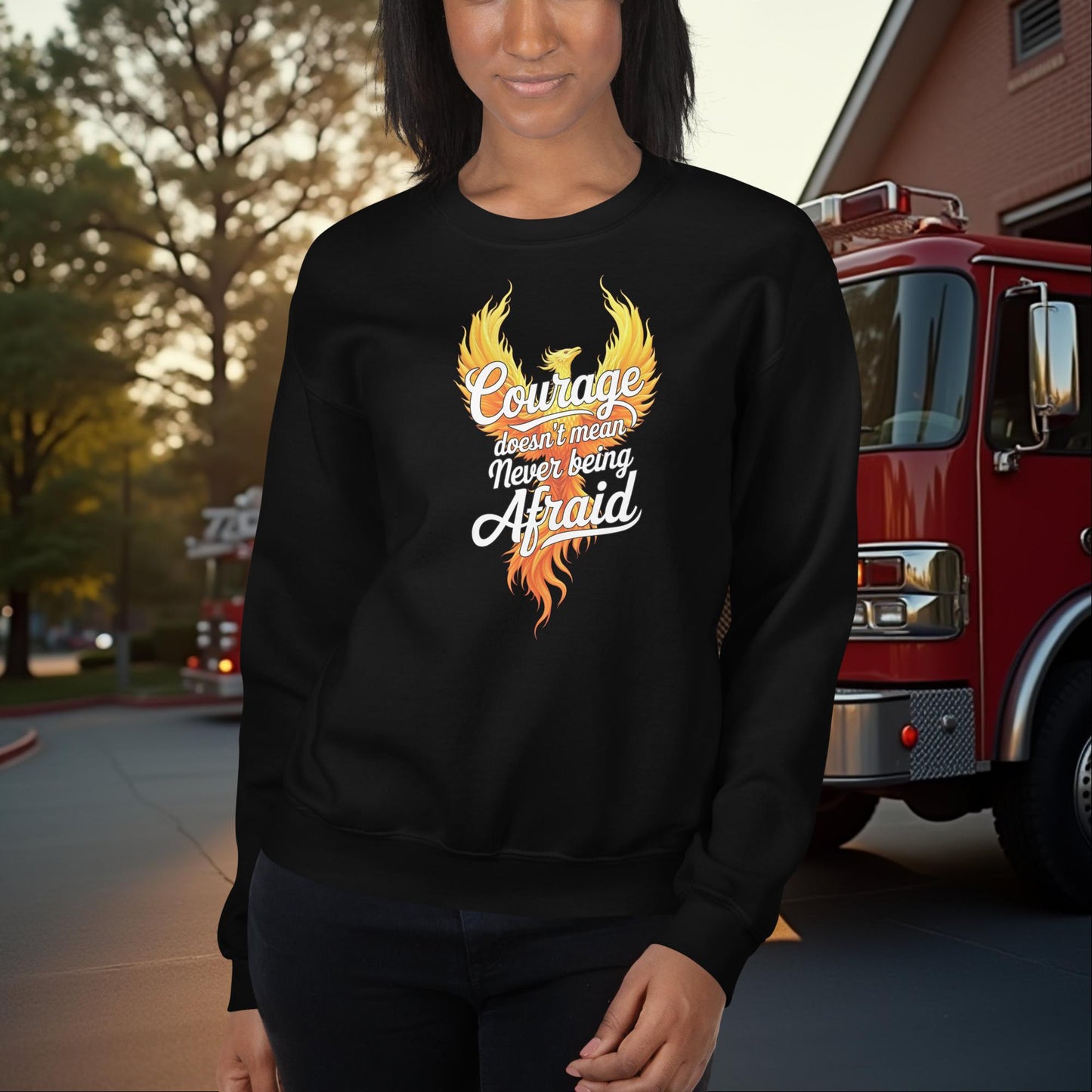 Courage Doesn’t Mean Never Afraid firefighter crew neck sweatshirt for strength and awareness