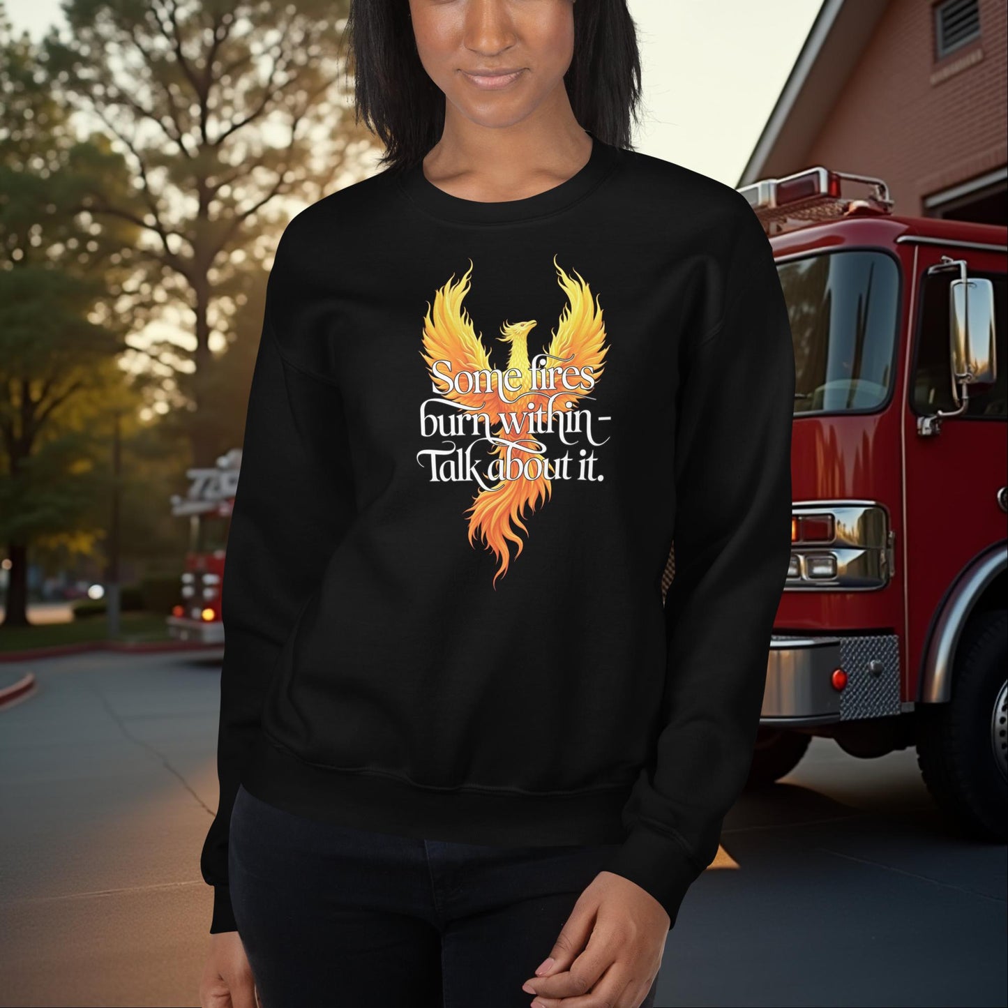 Some Fires Burn Within Talk About It firefighter sweatshirt for mental health awareness