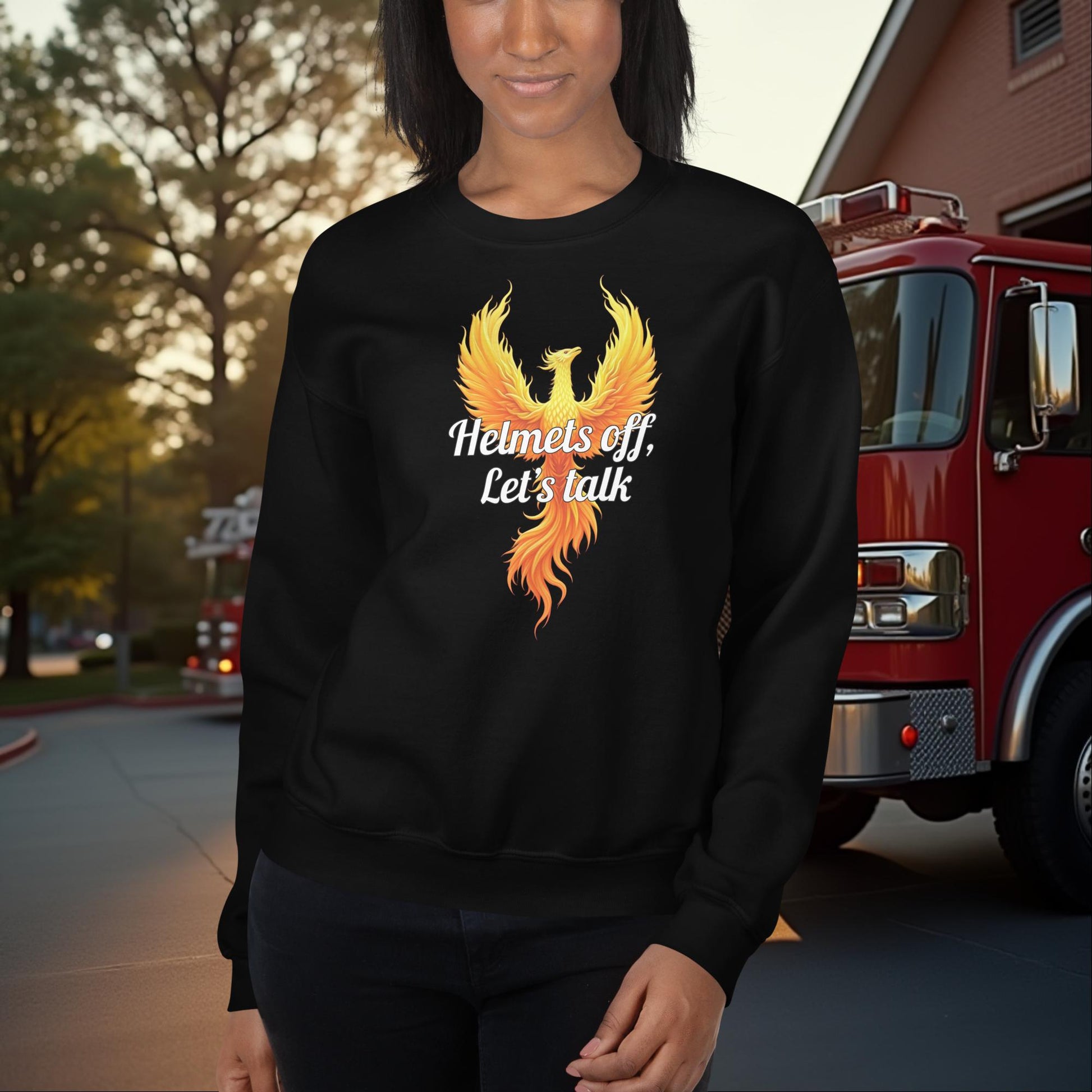 Helmets Off Let’s Talk firefighter sweatshirt for mental health conversations and support