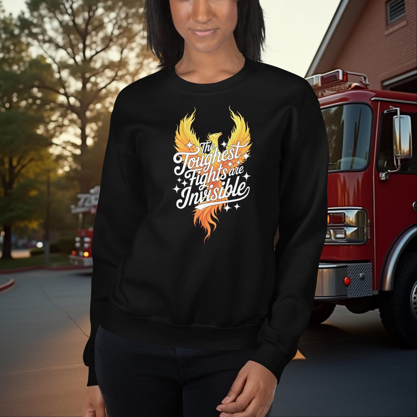 The Toughest Fights Are Invisible firefighter sweatshirt for PTSD and mental wellness