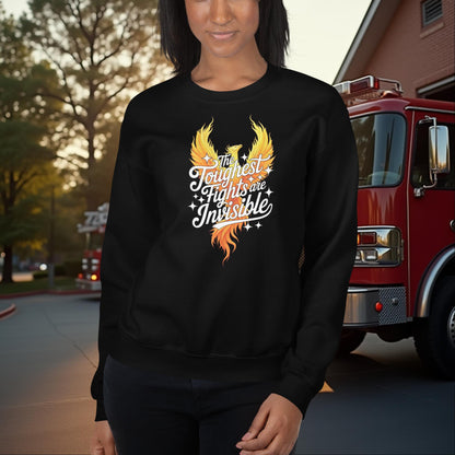 The Toughest Fights Are Invisible firefighter sweatshirt for PTSD and mental wellness