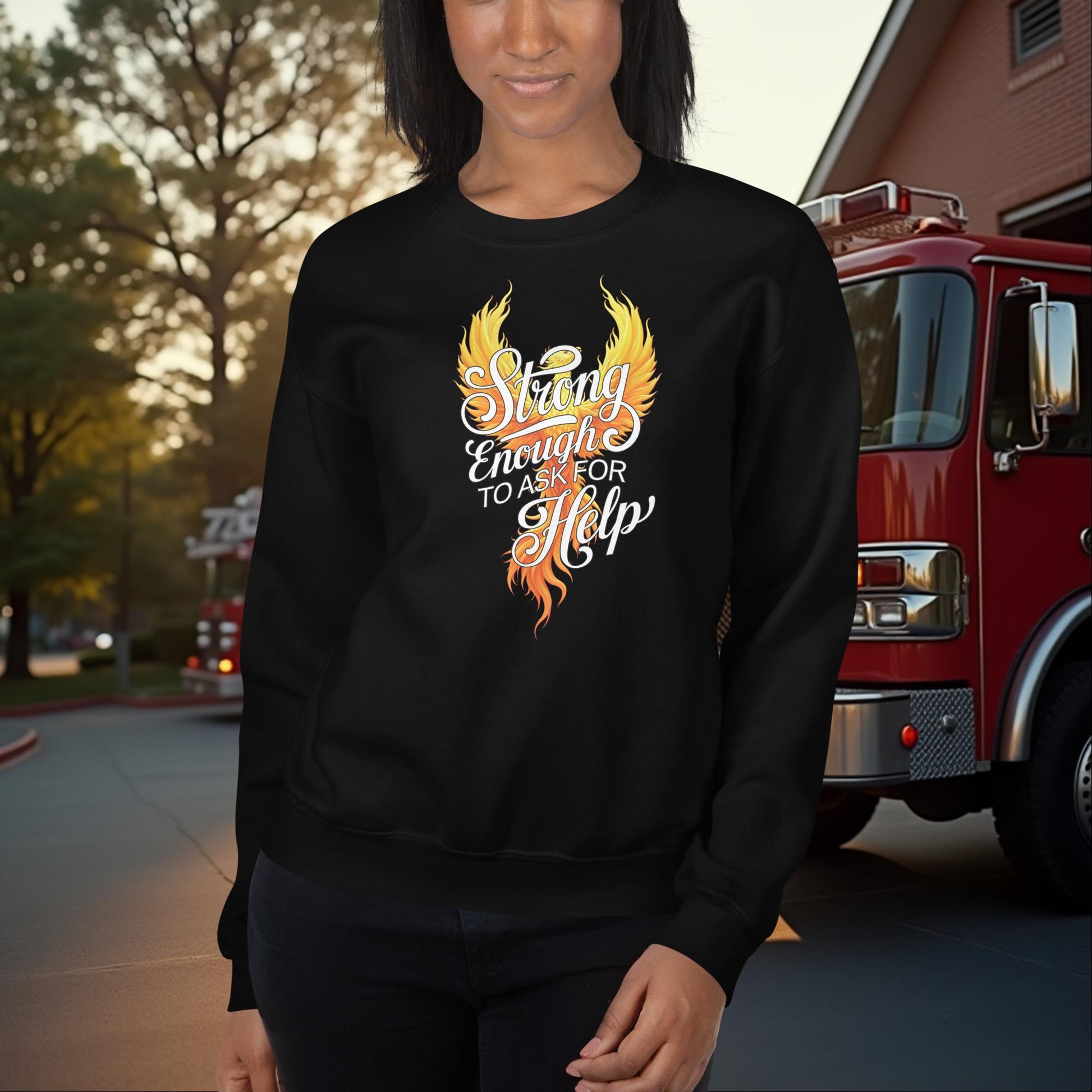 Strong Enough to Ask for Help firefighter crew neck sweatshirt for emotional support and wellness