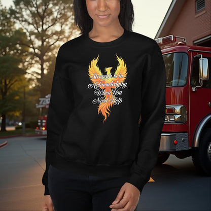 Strength Is in Acknowledging You Need Help firefighter crew neck for mental health courage