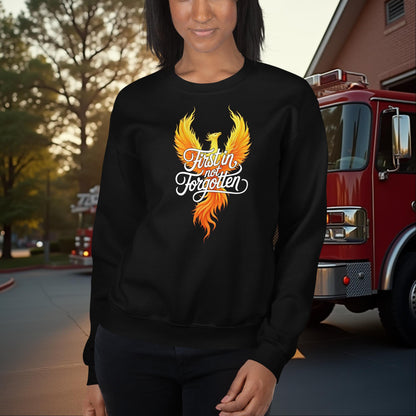 First In Not Forgotten Firefighter Memorial and Mental Health Awareness Crew Neck Sweatshirt