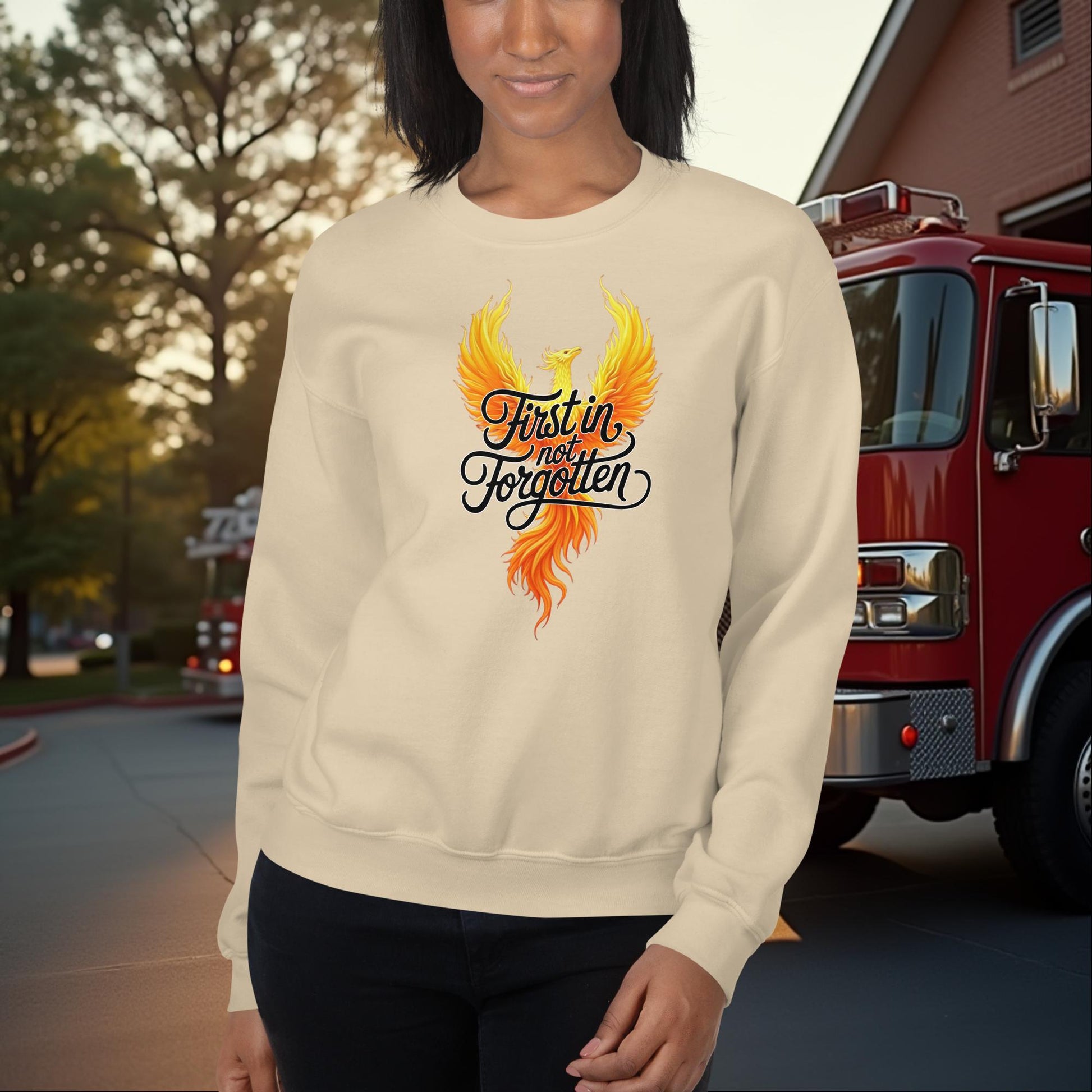 First In Not Forgotten firefighter crew neck sweatshirt for memorial and mental health support