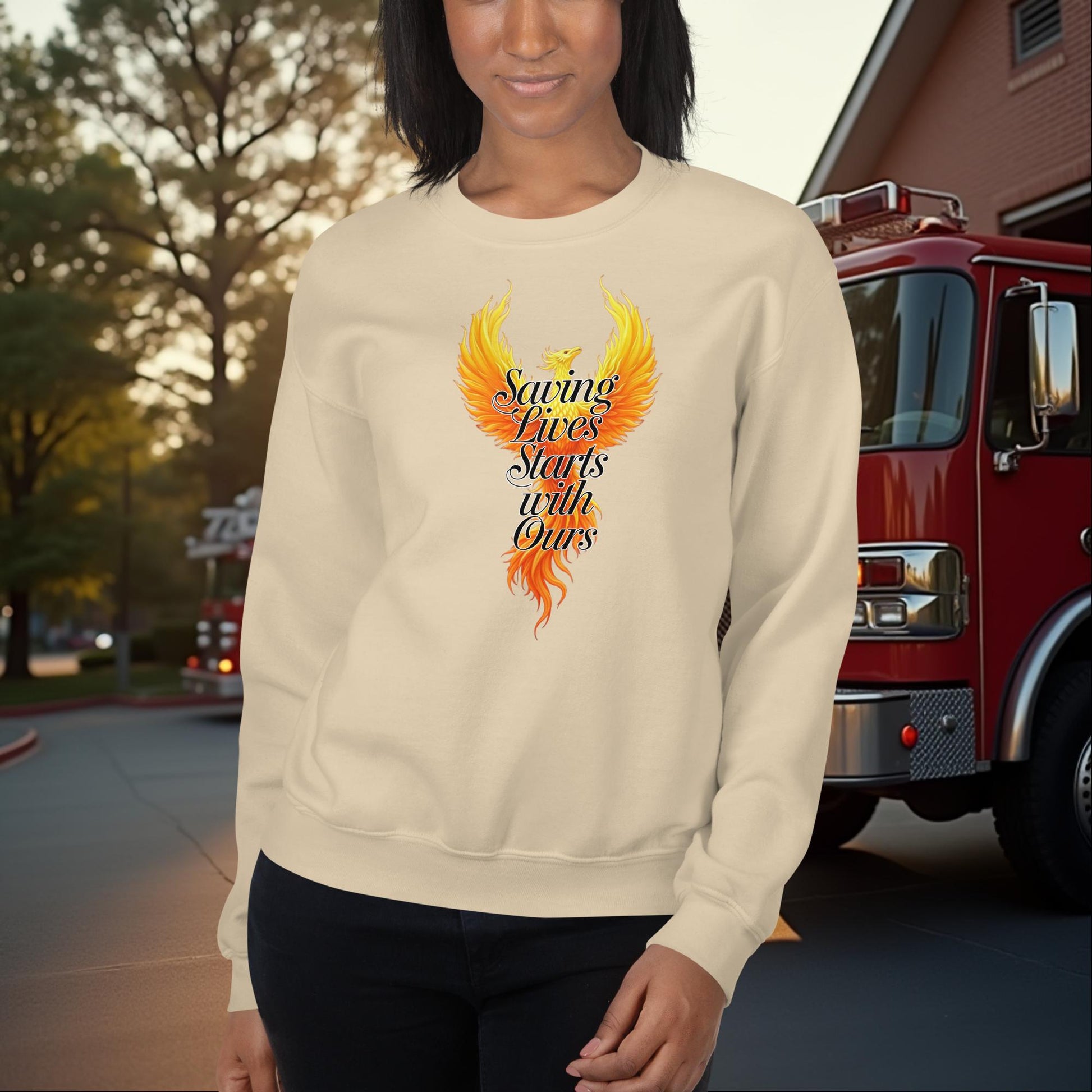 Saving Lives Starts With Ours firefighter crew neck sweatshirt for wellness and mental health