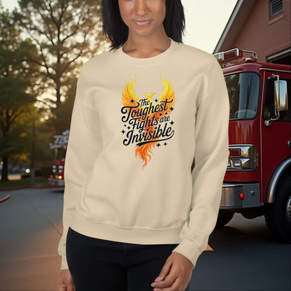 The Toughest Fights Are Invisible firefighter sweatshirt for PTSD and mental wellness